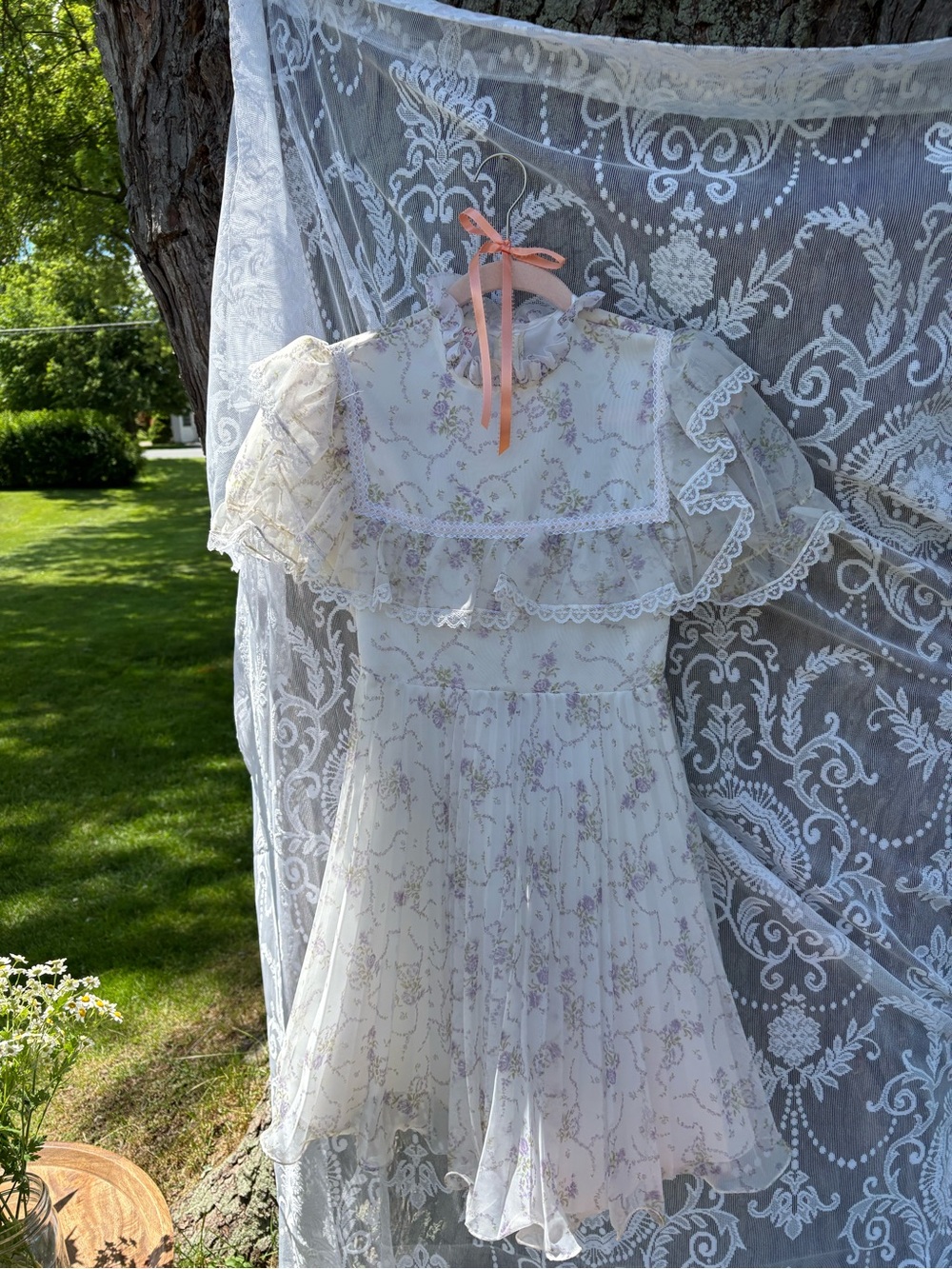 Cream Floral Lace Ruffle Girls' Formal Dress with Pink Accents